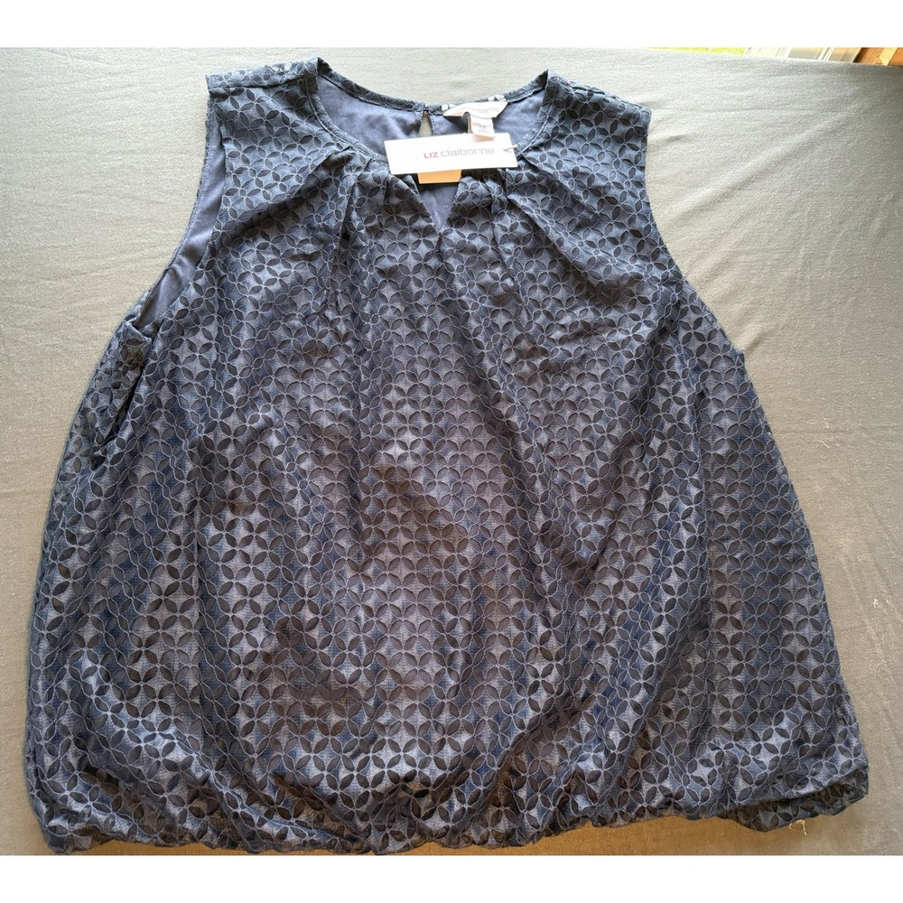 Liz Claiborne Navy Blue Eyelet Sleeveless Bubble Hem Blouse XXL New With Tags - Picture 1 of 4